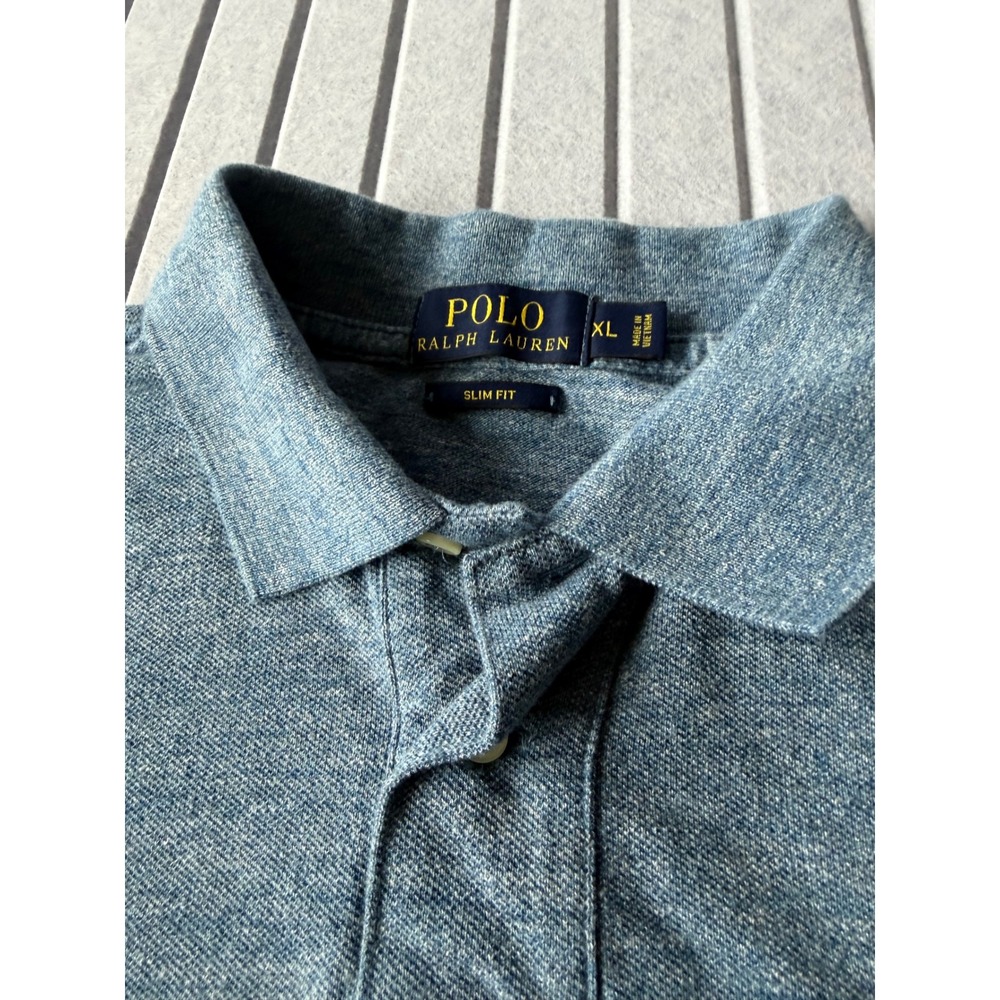 Polo Ralph Lauren Mens XL Slim Fit Long Sleeve Polo Shirt Blue Heathered Knit - Picture 4 of 6